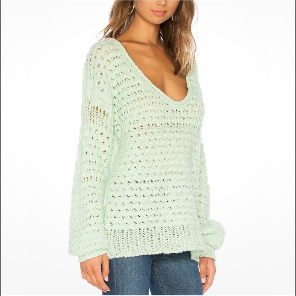 Free People "Crashing Waves" Pullover Sweater Mint Green Color Wool Blend Small